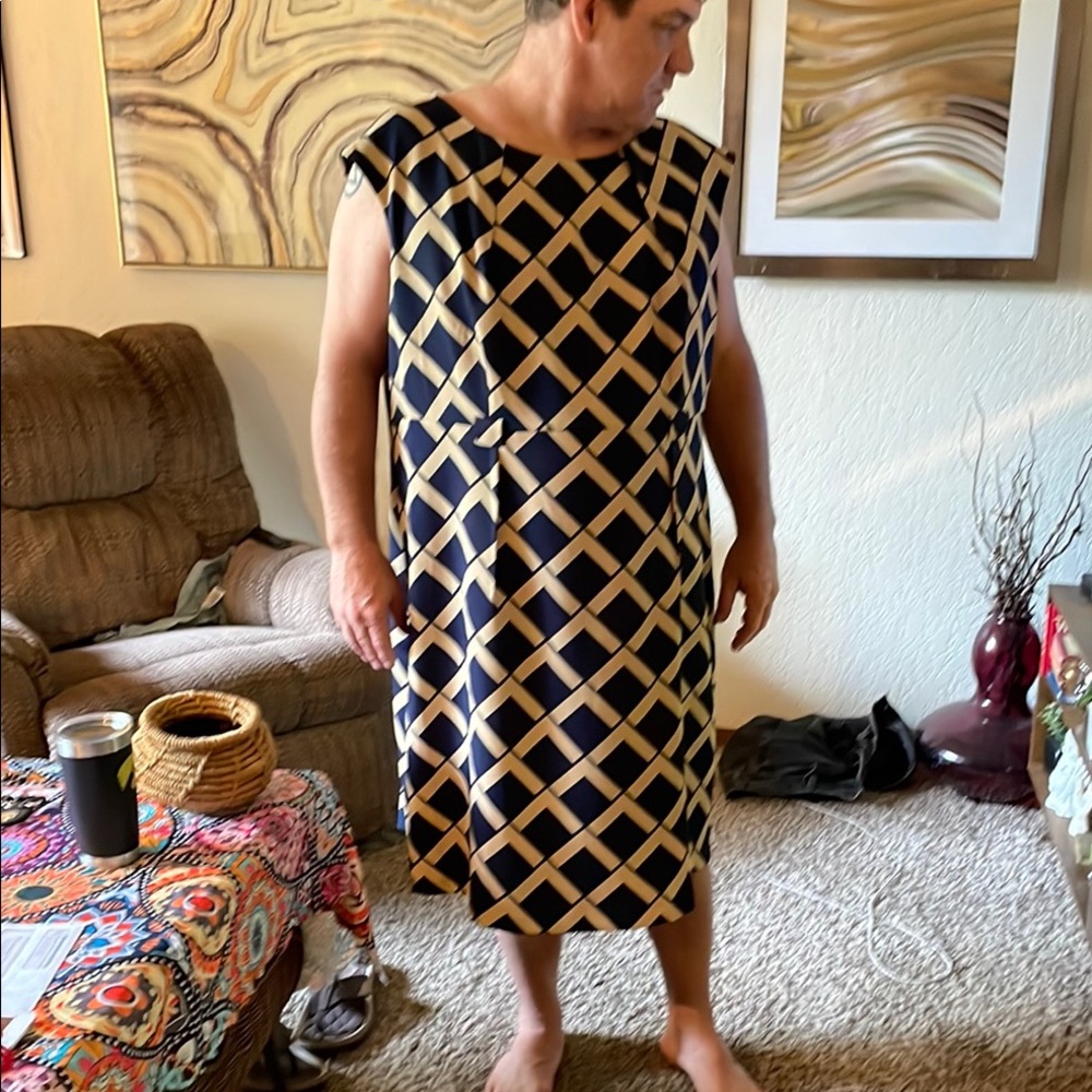 Navy and Tan Casual Sheath Midi Dress